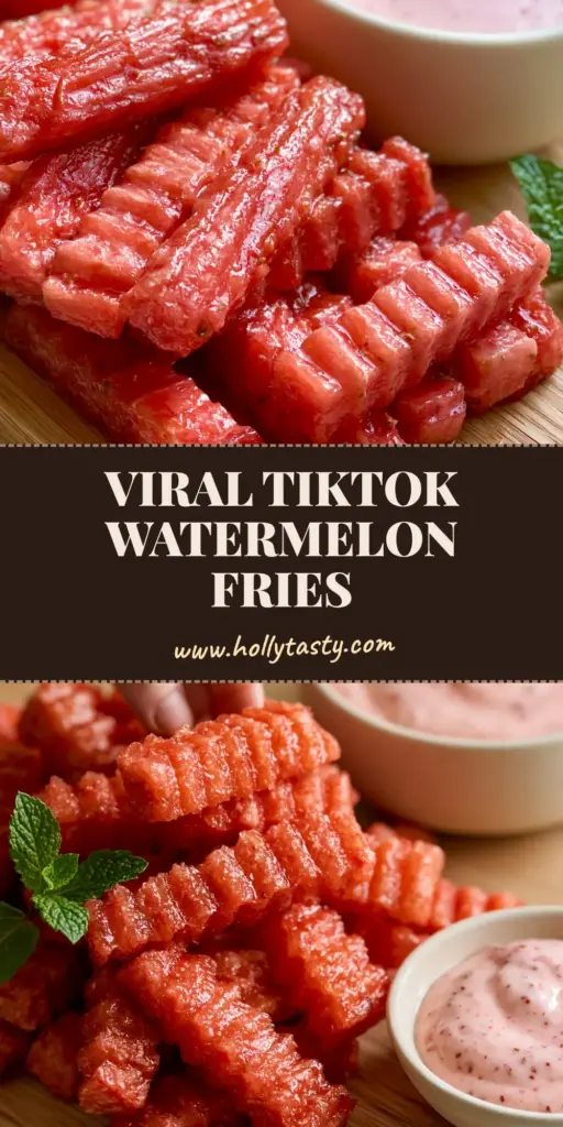 A mountain of vibrant red Watermelon Fries with deep crinkle-cut ridges on a wooden board with strawberry dip.