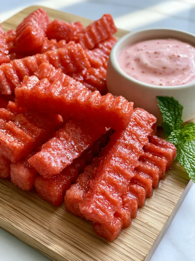 Top-down 45-degree lifestyle shot of Watermelon Fries on a light oak board with mint garnish.