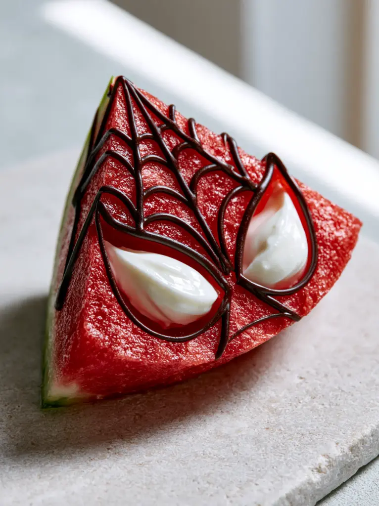 A perfectly carved watermelon mask with symmetrical spiderweb patterns and white Greek yogurt eyes.
