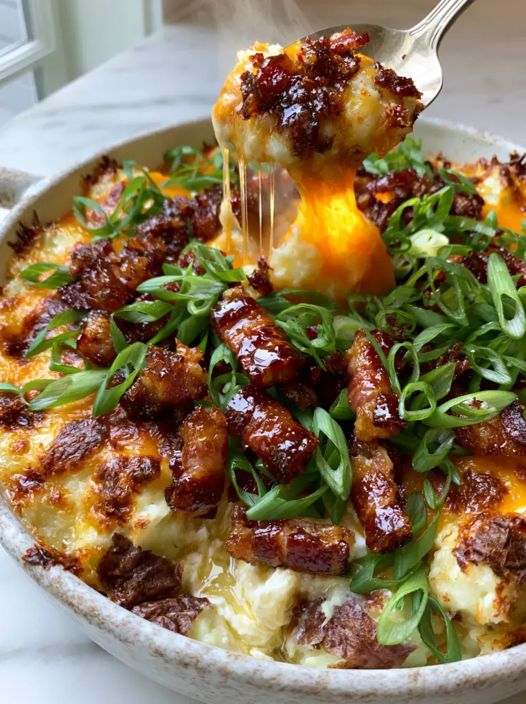 Top-down view of Baked Potato Casserole garnished with fresh green onions and glistening bacon lardons.