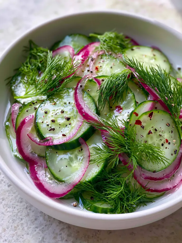 A handheld smartphone photo of vinegar cucumber salad in a white bowl on a light stone countertop.