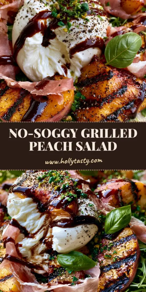 A vibrant Grilled peach salad on a cream plate featuring seared peach wedges with dark grill marks, torn burrata cheese with a creamy liquid center, and ribbons of prosciutto garnished with basil and balsamic glaze.