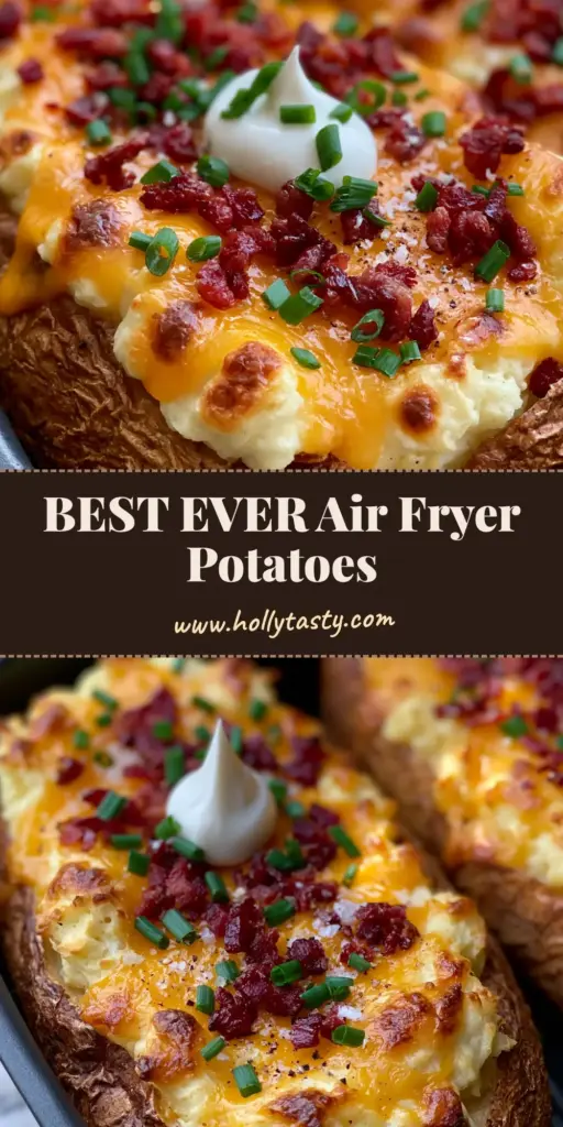 Two Twice-Baked Potatoes in an air fryer basket with bubbling toasted cheddar cheese, bacon crumbles, and chives. (Twice-Baked Potatoes)