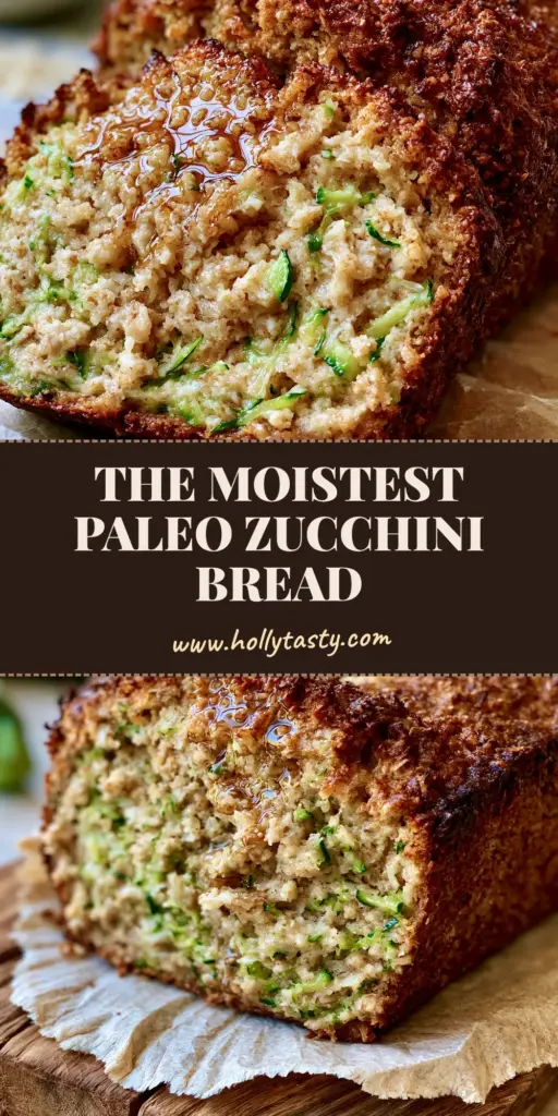 A thick, decadent slice of Paleo zucchini bread with a golden-brown crust and visible green zucchini flecks on a rustic wooden board.