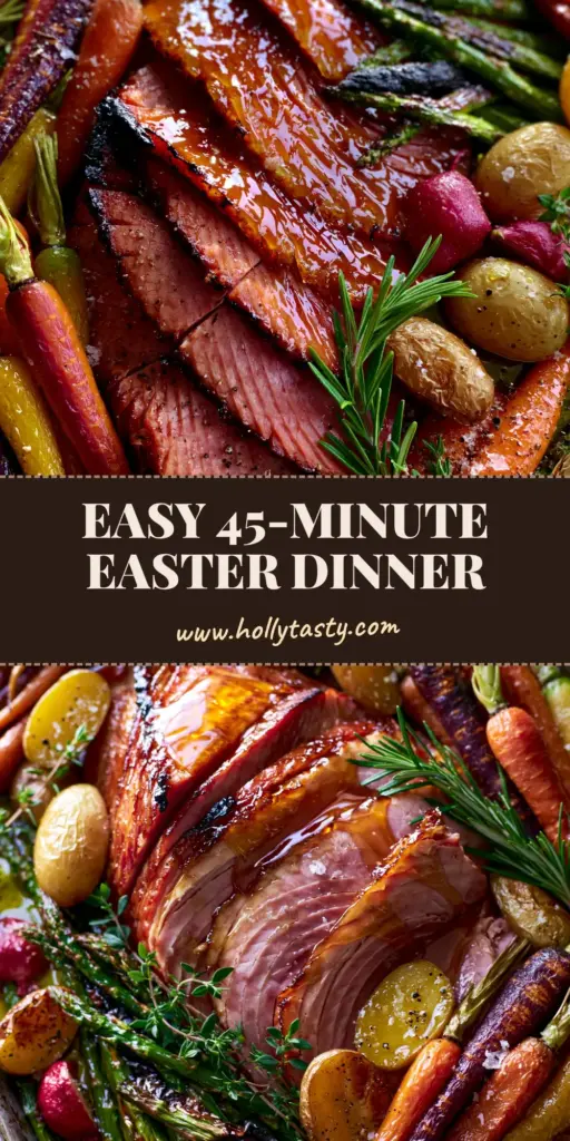 Overhead shot of a rustic sheet pan Easter dinner with honey glazed spiral ham, rainbow carrots, and charred asparagus.