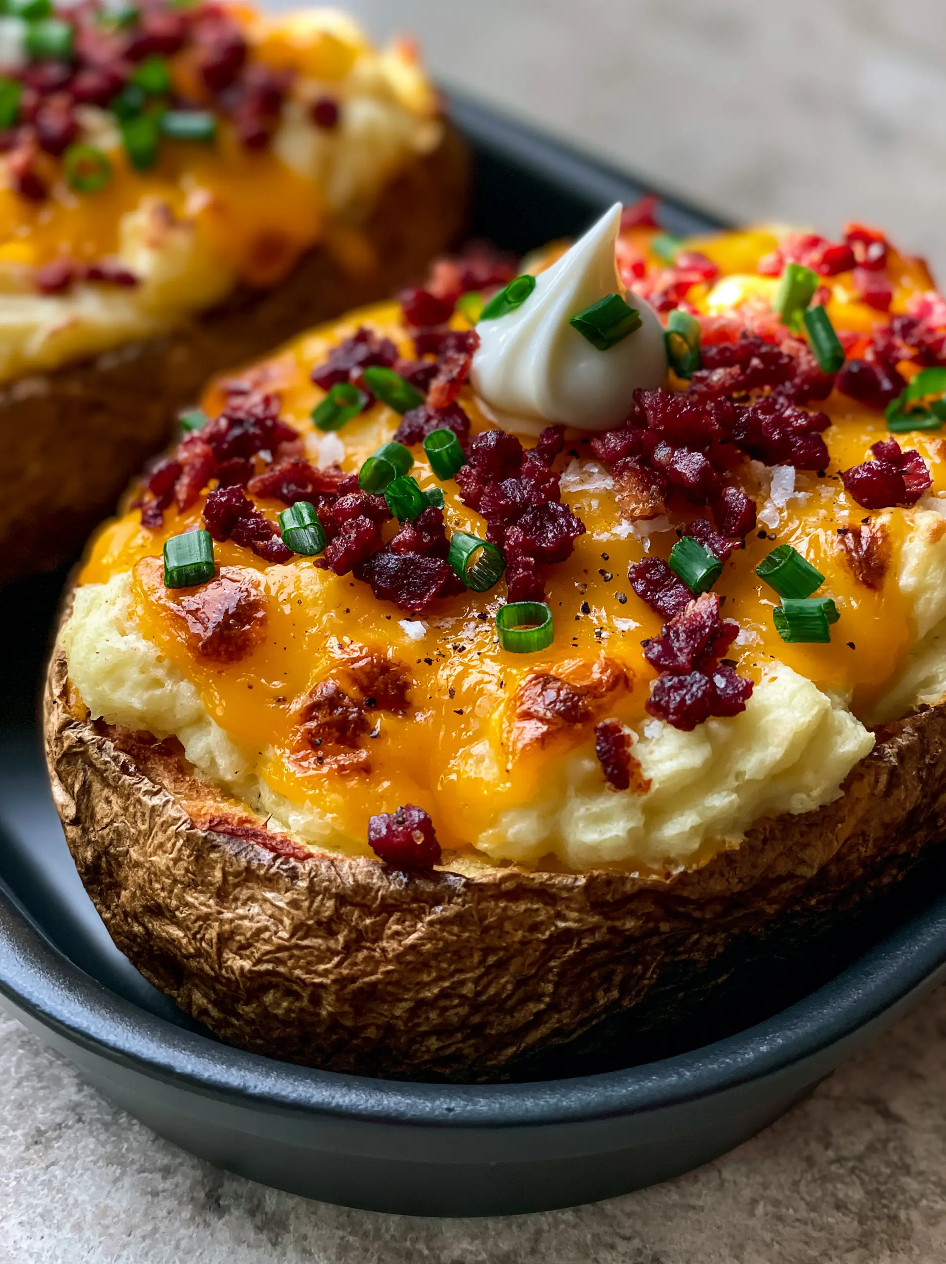 Extreme close-up of twice-baked potatoes showing wrinkled crispy skin and bubbling cheese with toasted spots. (Twice-Baked Potatoes)