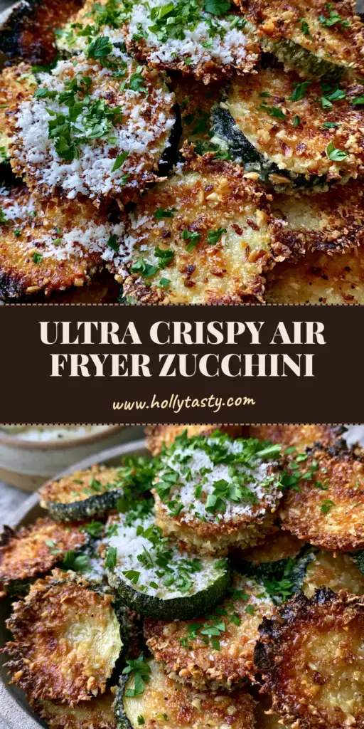 A vertical Pinterest Pin image showing a heap of Zucchini Garlic Bites with a jagged parmesan crust in a stone bowl.