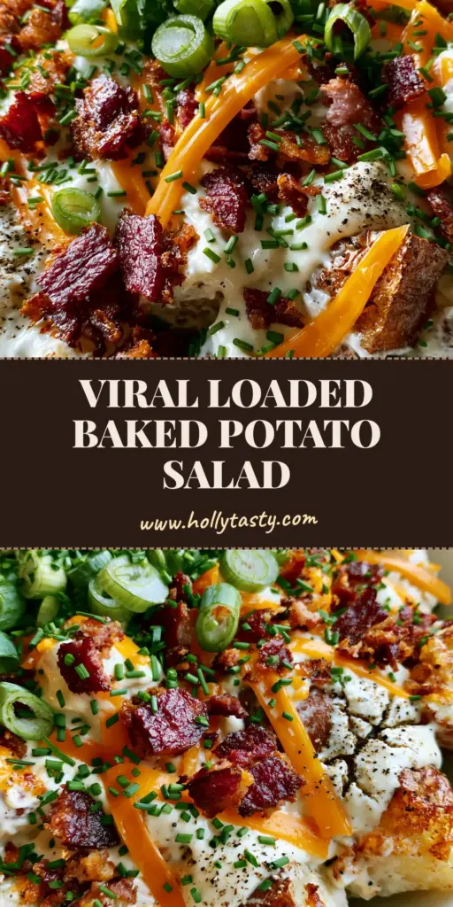 A close-up of premium loaded potato salad in a white bowl featuring roasted Yukon Gold chunks, crispy bacon, and long shreds of sharp cheddar cheese topped with chives.