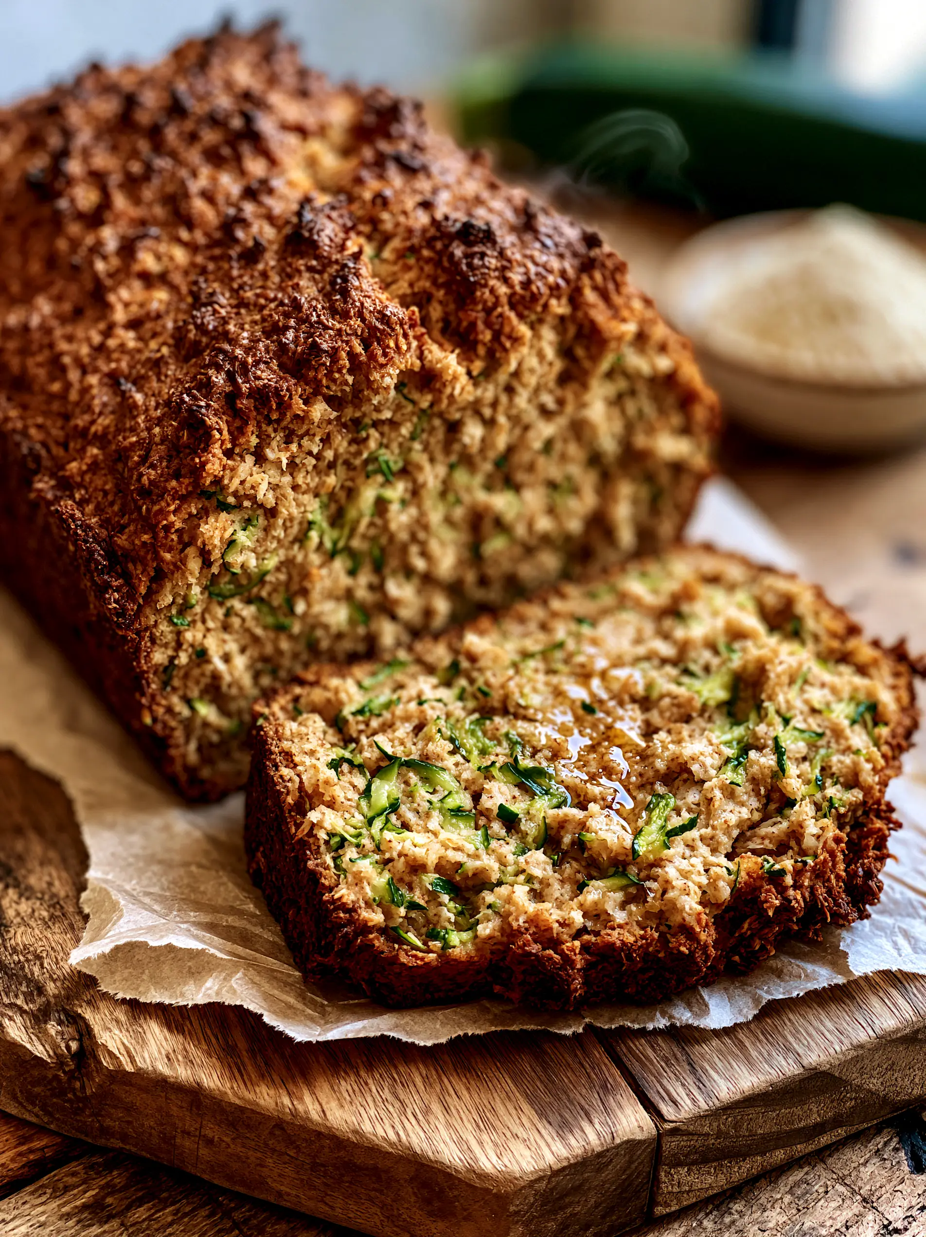 Extreme close-up of Paleo zucchini bread showing the moist almond flour crumb and glistening coconut oil sheen.