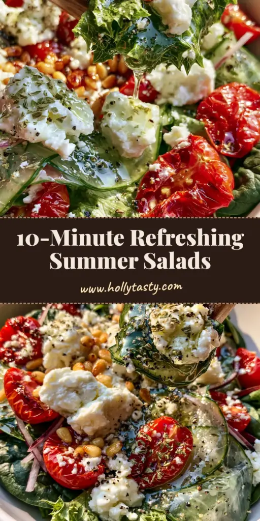 A vibrant Mediterranean summer salad in a white bowl with wooden tongs, featuring feta, blistered tomatoes, and pine nuts. (Summer Salad Recipes)
