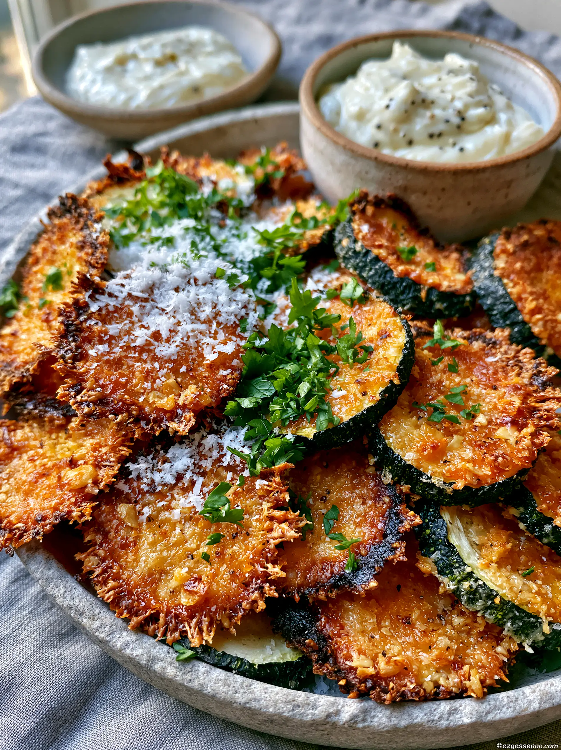 Close-up of extra crispy Zucchini Garlic Bites in a shallow stone bowl showing toasted garlic bits and golden-brown parmesan crust.