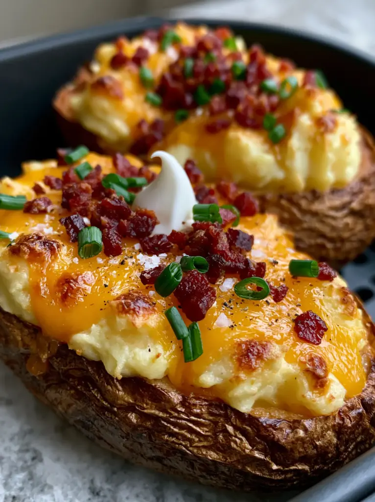 Handheld smartphone shot of air fryer twice-baked potatoes with an elegant dollop of sour cream.