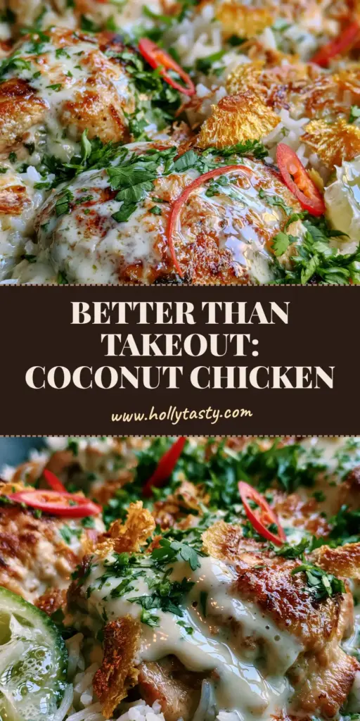 A rustic matte black cast iron pan filled with golden-brown chicken thighs in a glossy white coconut sauce over jasmine rice, topped with red chilis and cilantro. (Coconut Chicken Rice Bowl)