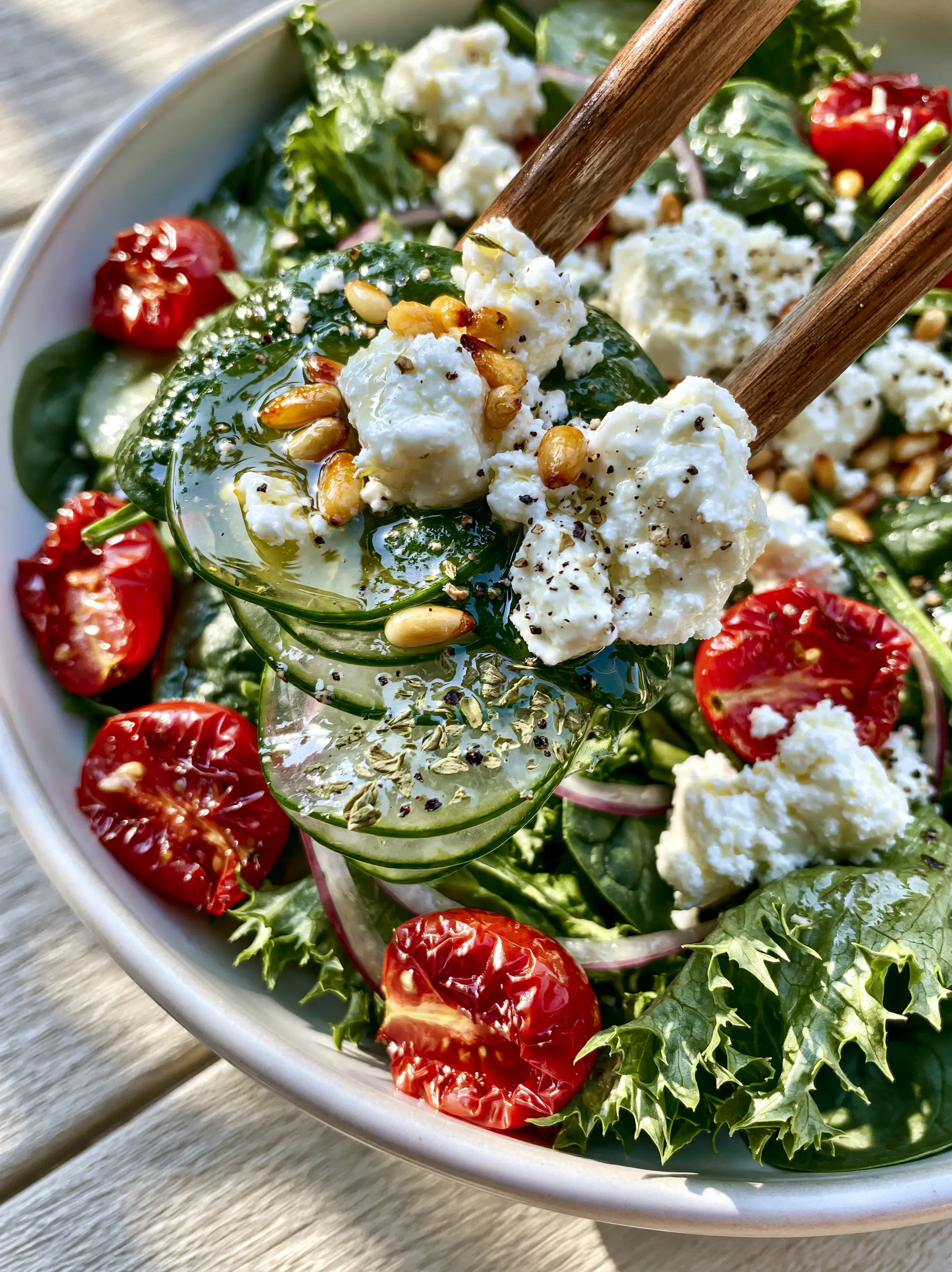 Top-down view of a summer salad with translucent cucumbers, blistered tomatoes, and glossy lemon vinaigrette. (Summer Salad Recipes)