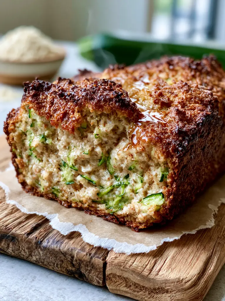 A thick slice of golden-brown Paleo zucchini bread on torn parchment paper with steam vapors faintly rising.