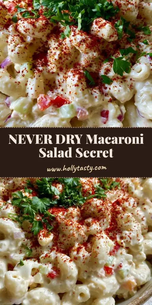 A close-up vertical shot of ultra-creamy homemade macaroni salad with vibrant red peppers and smoked paprika dusting.