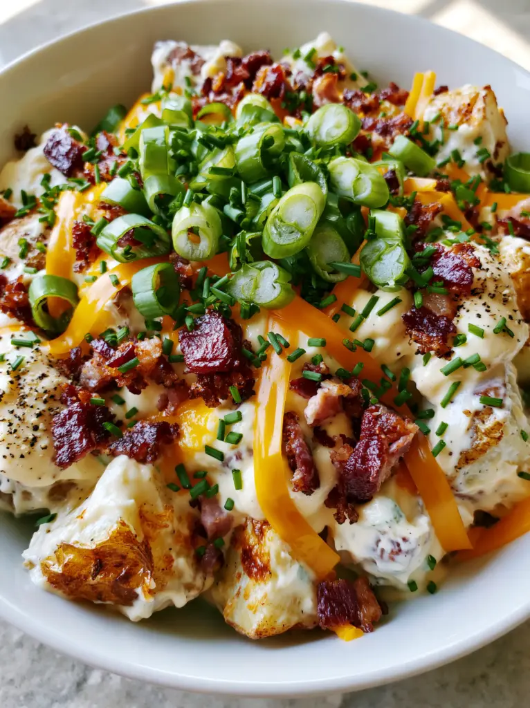 Close-up of crispy thick-cut bacon and fresh green herbs on top of a creamy loaded potato salad.