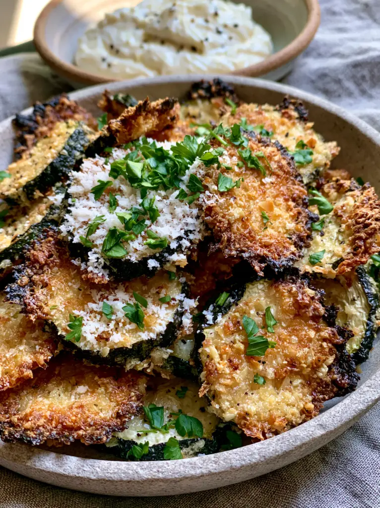 Zucchini Garlic Bites on a grey linen tabletop next to a ceramic bowl of creamy garlic aioli with black pepper specks.