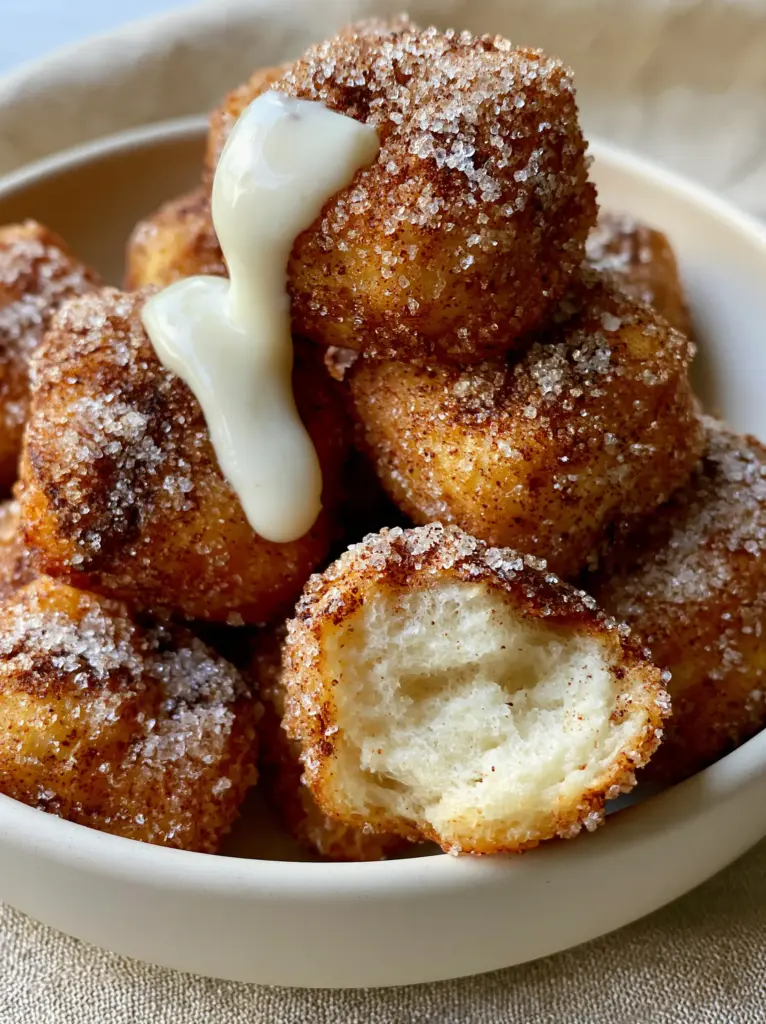 A pile of air-fried cinnamon sugar biscuit bites heavily encrusted with granulated sugar and drizzled with white icing.