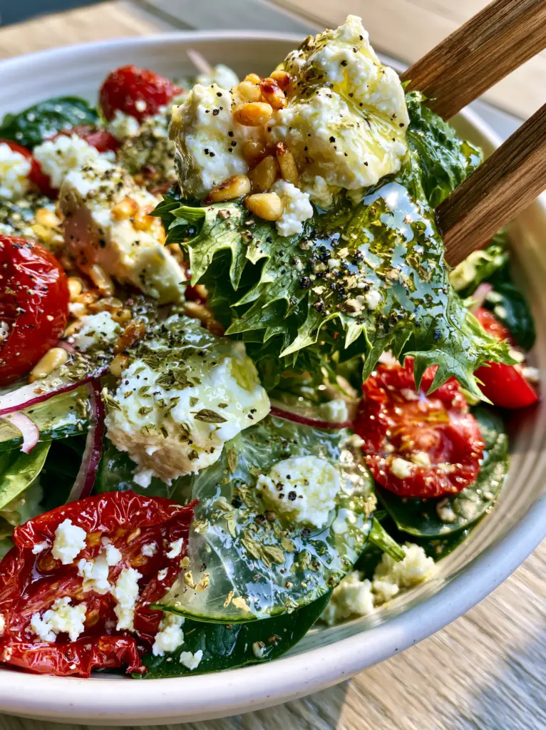 A close-up of chunky feta cheese and toasted pine nuts on a bed of Mediterranean greens. (Summer Salad Recipes)