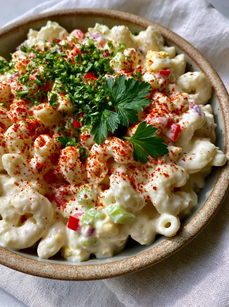 Slightly angled close-up of macaroni salad showing diced red bell peppers and crumbled hard-boiled eggs.
