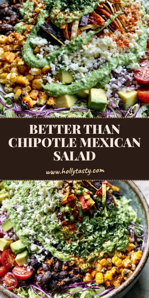 A close-up vertical shot of a vibrant Mexican chopped salad with charred corn, black beans, and multi-colored tortilla strips.