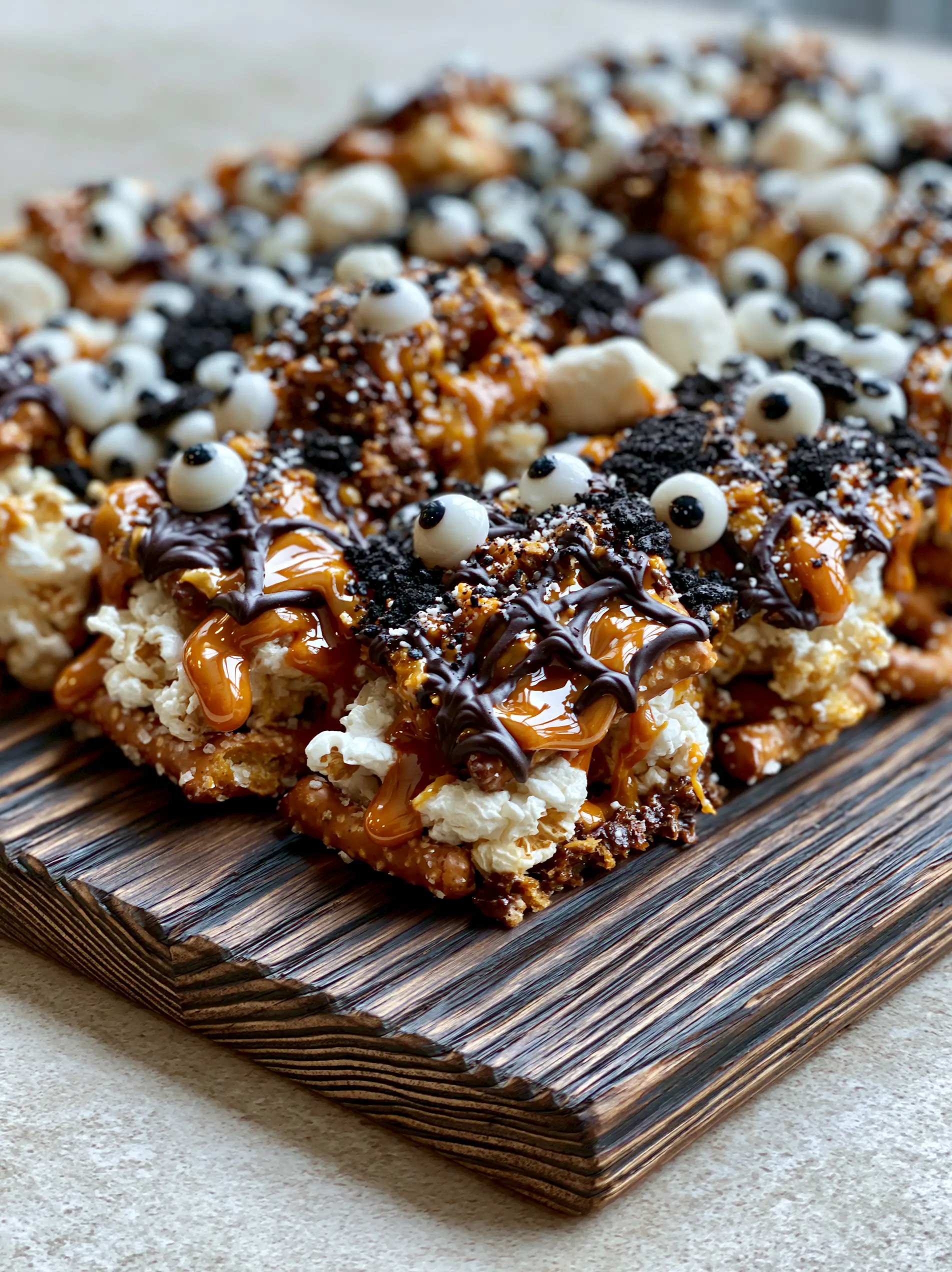 Macro photo of glossy orange chocolate coated pretzels and popcorn. (Halloween snack ideas)