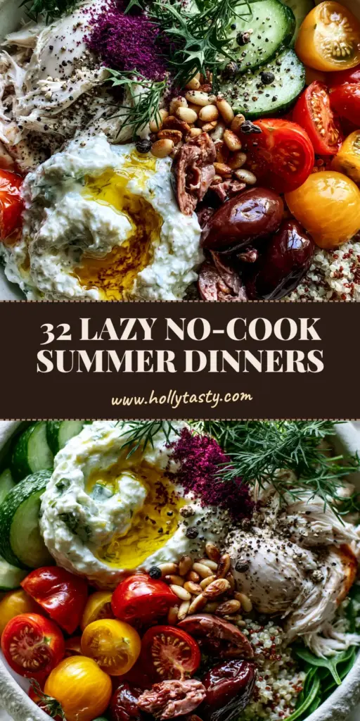 A Mediterranean no-cook power bowl with rotisserie chicken, quinoa, and tzatziki served in a white bowl for summer dinners.
