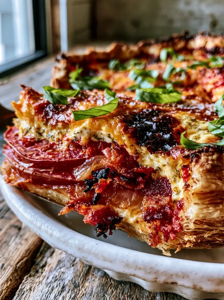 Macro view of the bubbling sharp cheddar topping with charred spots on a bacon onion tomato pie slice.