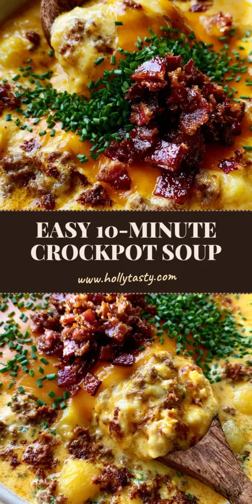 A rustic white ceramic bowl of potato hamburger soup topped with melted cheddar, crispy bacon, and fresh chives, featuring rising steam.