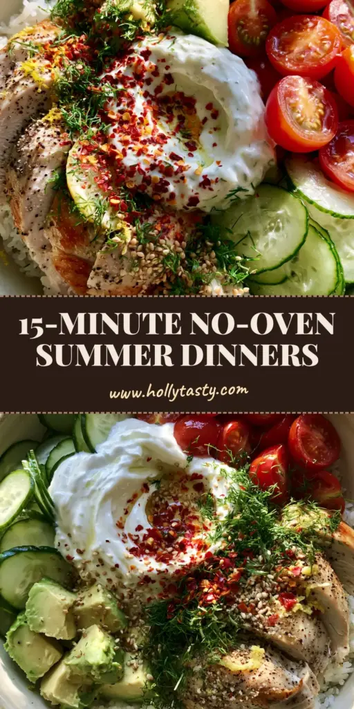 A vibrant Mediterranean Chicken Power Bowl with avocado, cucumbers, and tzatziki. (Easy Summer Dinners)