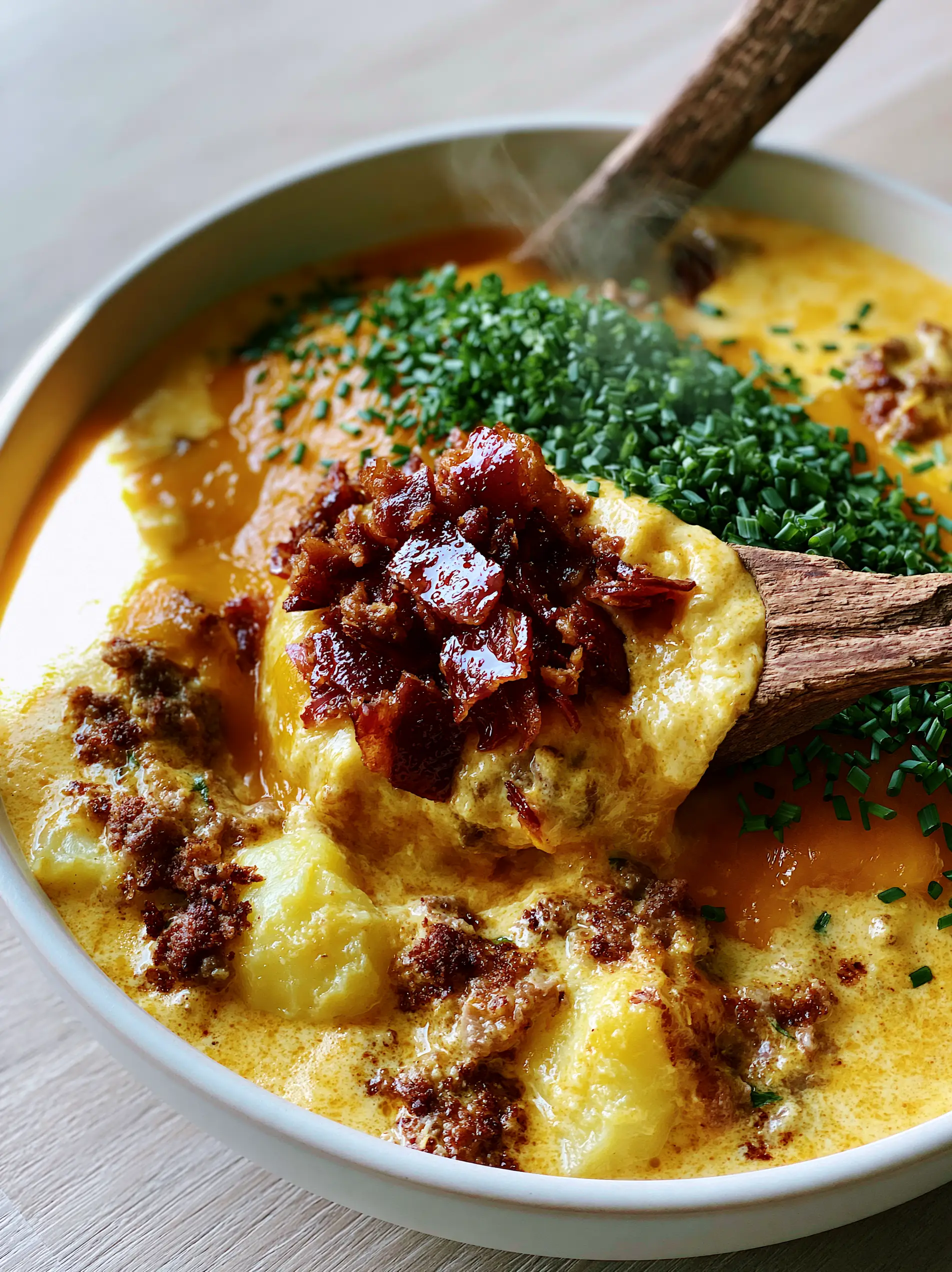 High-angle close-up of potato hamburger soup with visible chunks of yellow potatoes and savory ground beef crumbles.