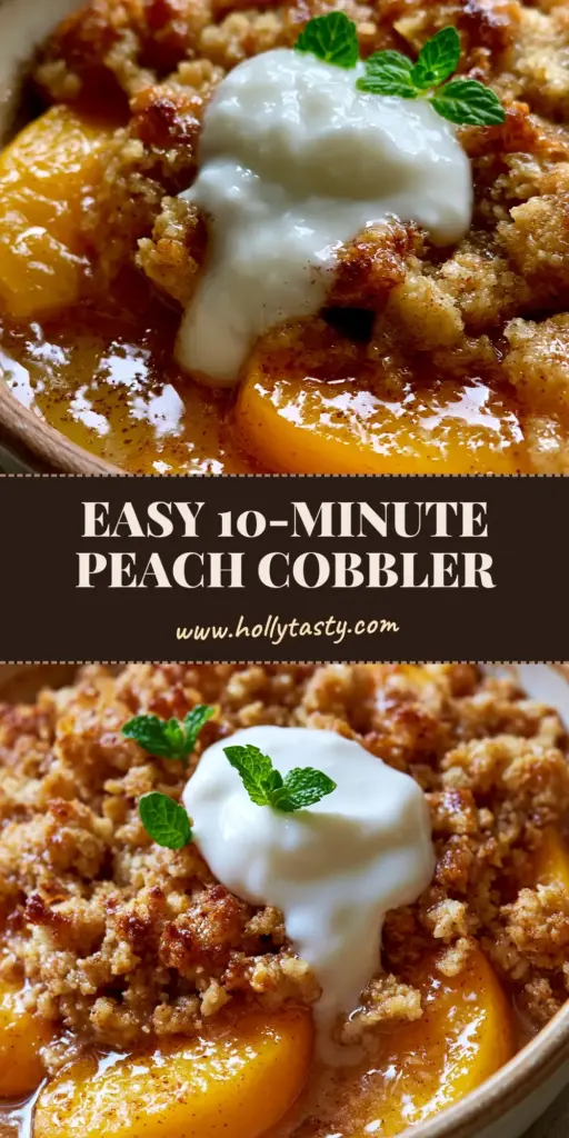 A rustic ceramic dish of Paleo Peach Cobbler featuring bubbling peaches and a golden-brown almond flour crumble topped with melting coconut cream and mint. (Paleo Peach Cobbler)