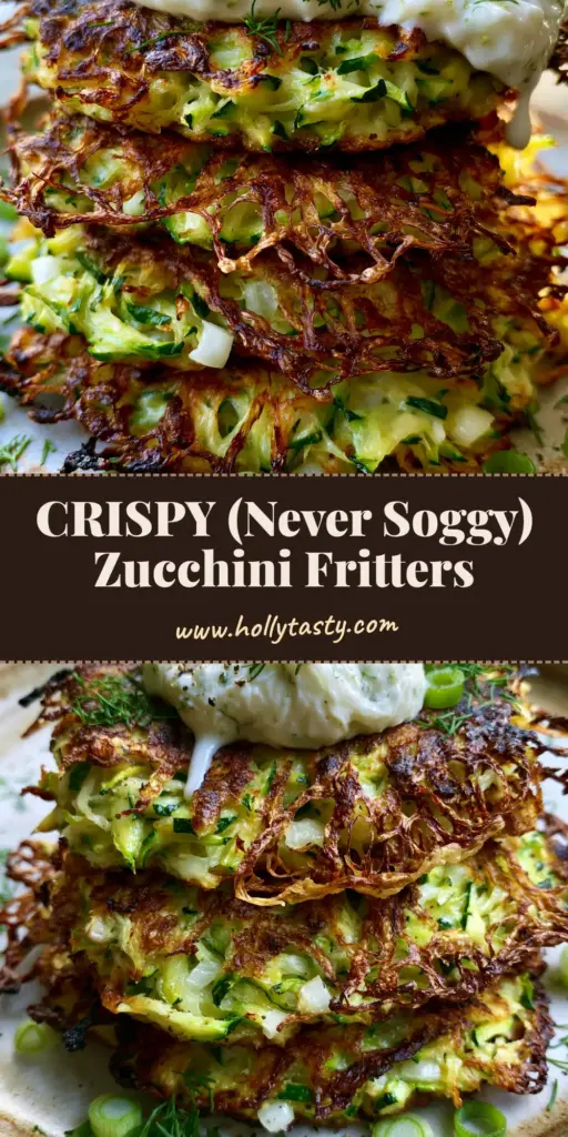 A vertical stack of three crispy zucchini fritters with lacy golden edges and a dollop of herb yogurt sauce. (Zucchini fritters recipe)