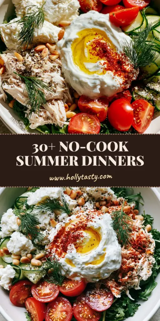 A vibrant Mediterranean no-cook dinner bowl with chilled shredded lemon-herb chicken, cucumber ribbons, and tzatziki. (healthy summer dinners)