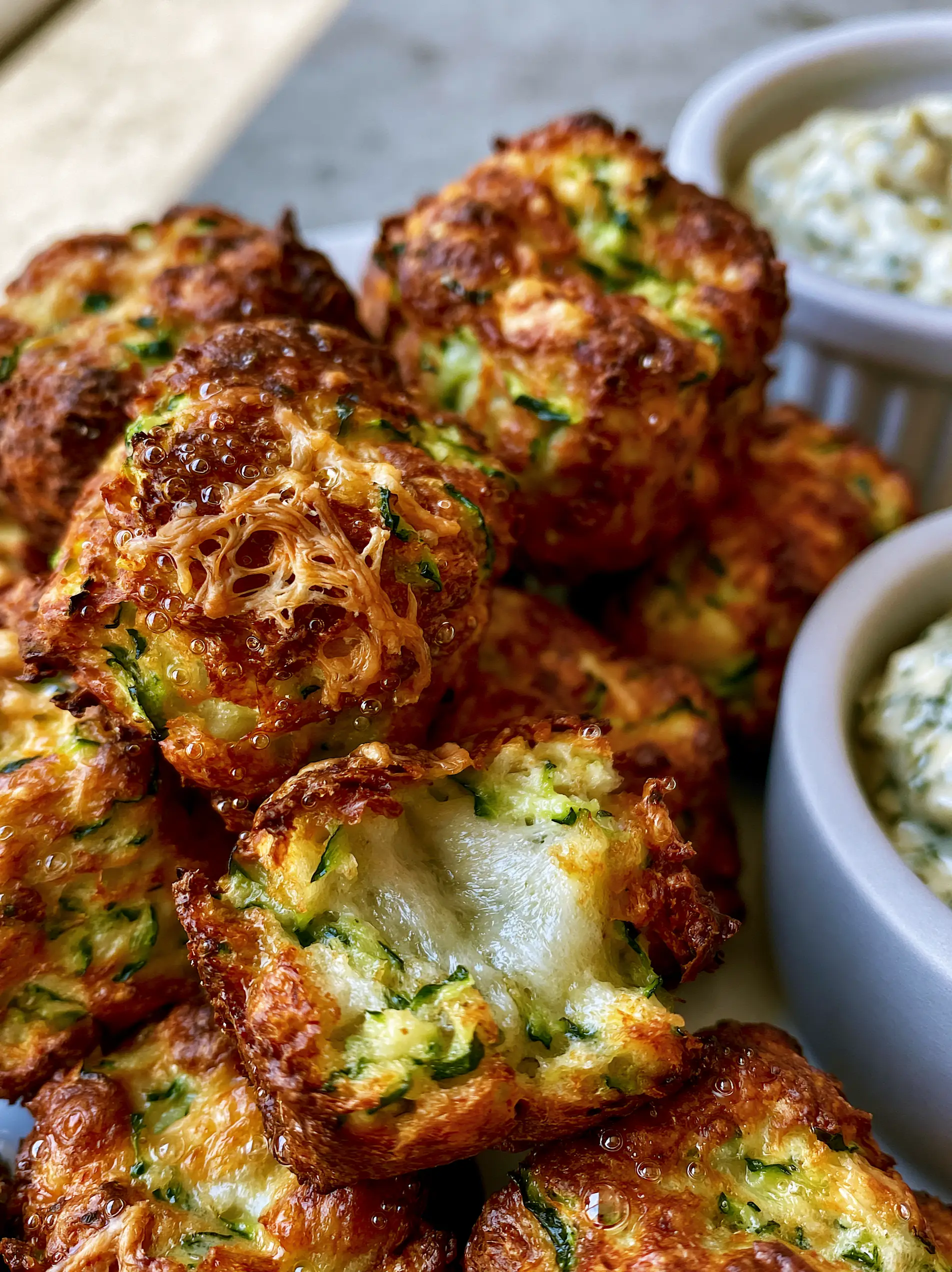 Macro shot showing the shattered texture and glistening oil bubbles on crispy zucchini tots. (zucchini tots)