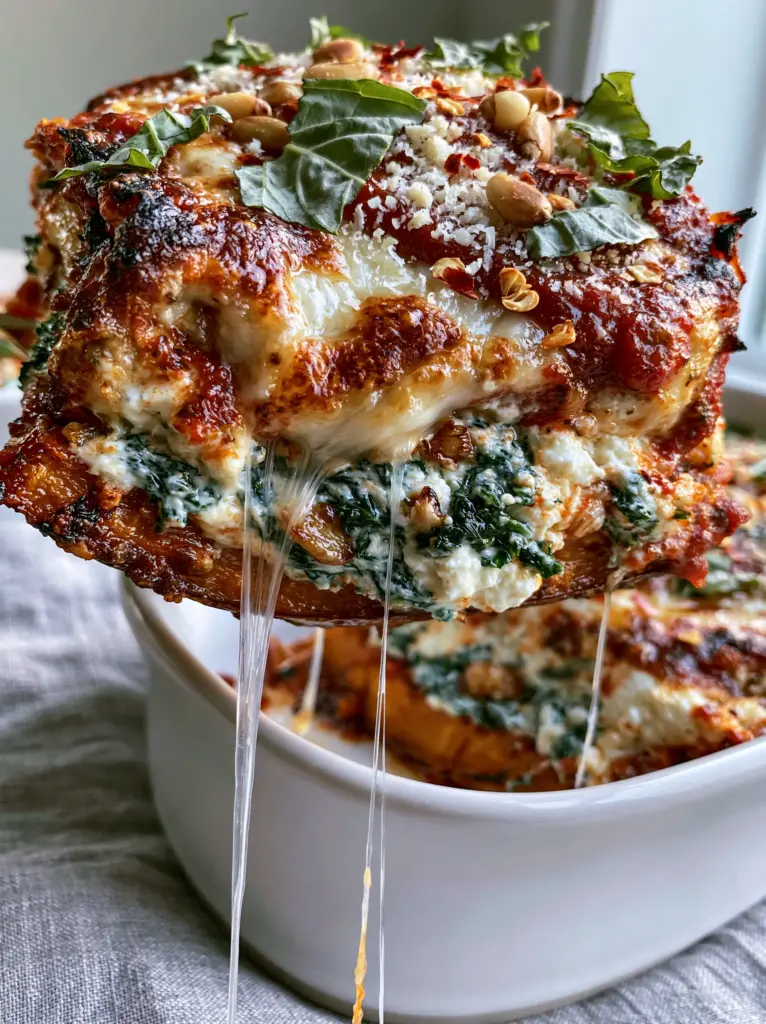 Close up of charred tomato sauce edges and toasted pine nuts on top of a lasagna.