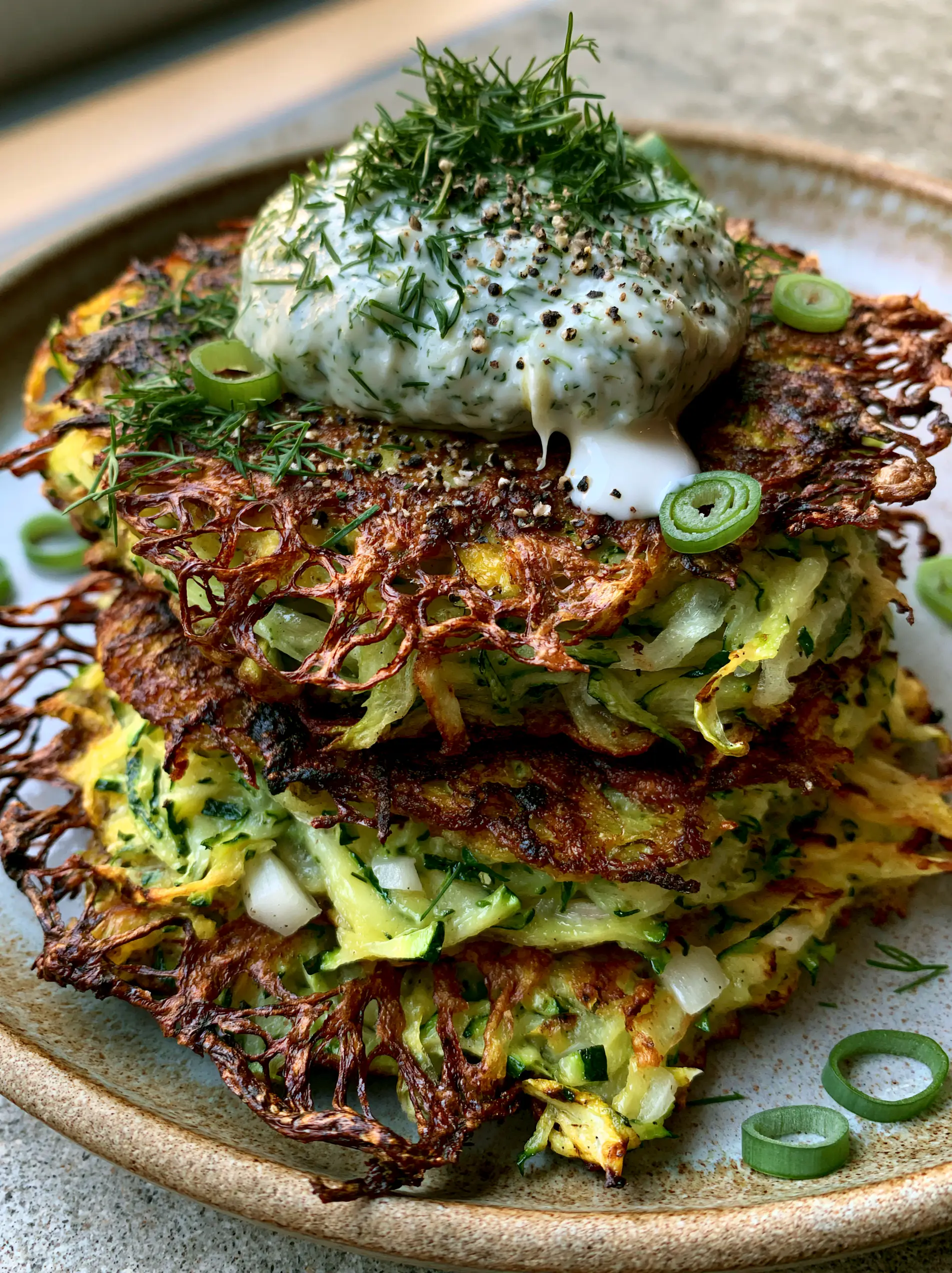 Close-up of thick zucchini fritters showing charred texture and white onion flecks. (Zucchini fritters recipe)