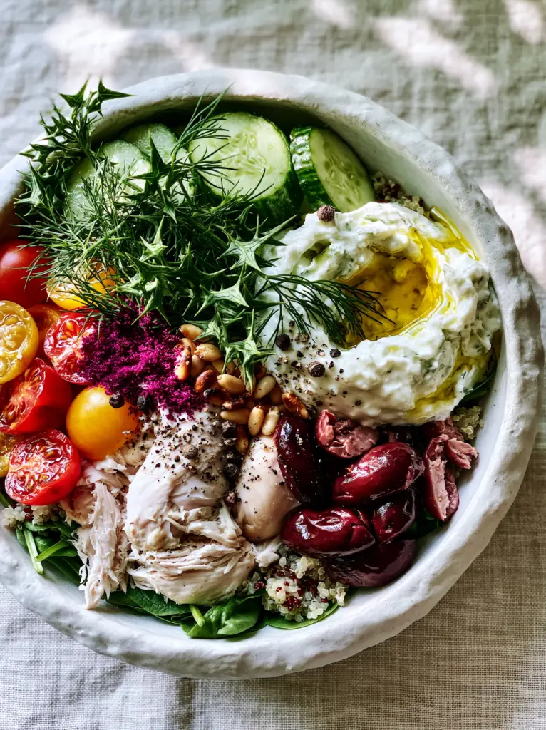 Lifestyle photo of a Mediterranean chicken quinoa bowl on a linen tablecloth for summer dinners.