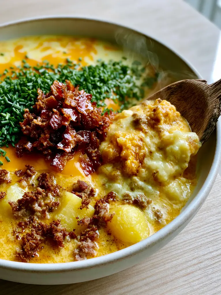 A rustic wooden spoon lifting a hearty scoop of thick potato hamburger soup, showing the gooey melted cheese and crispy bacon bits.