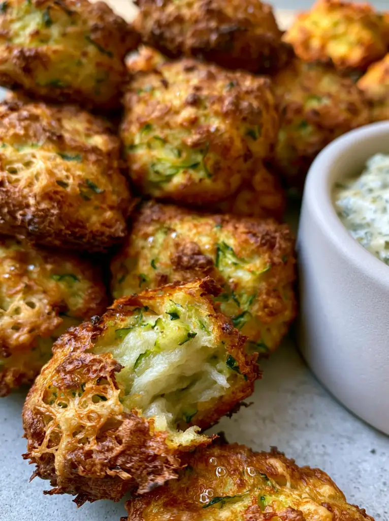 A broken zucchini tot revealing a steaming, moist interior next to a creamy garlic herb dip.