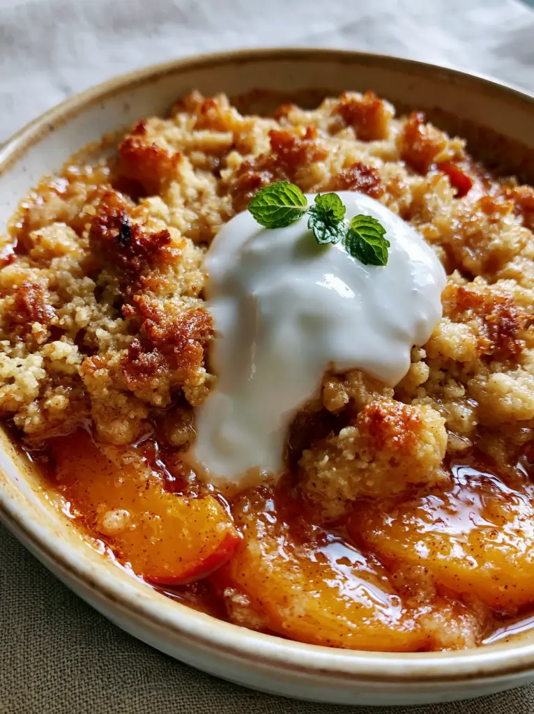 Close-up of the chunky almond flour crumble on the Paleo Peach Cobbler with toasted peaks and a buttery sheen.