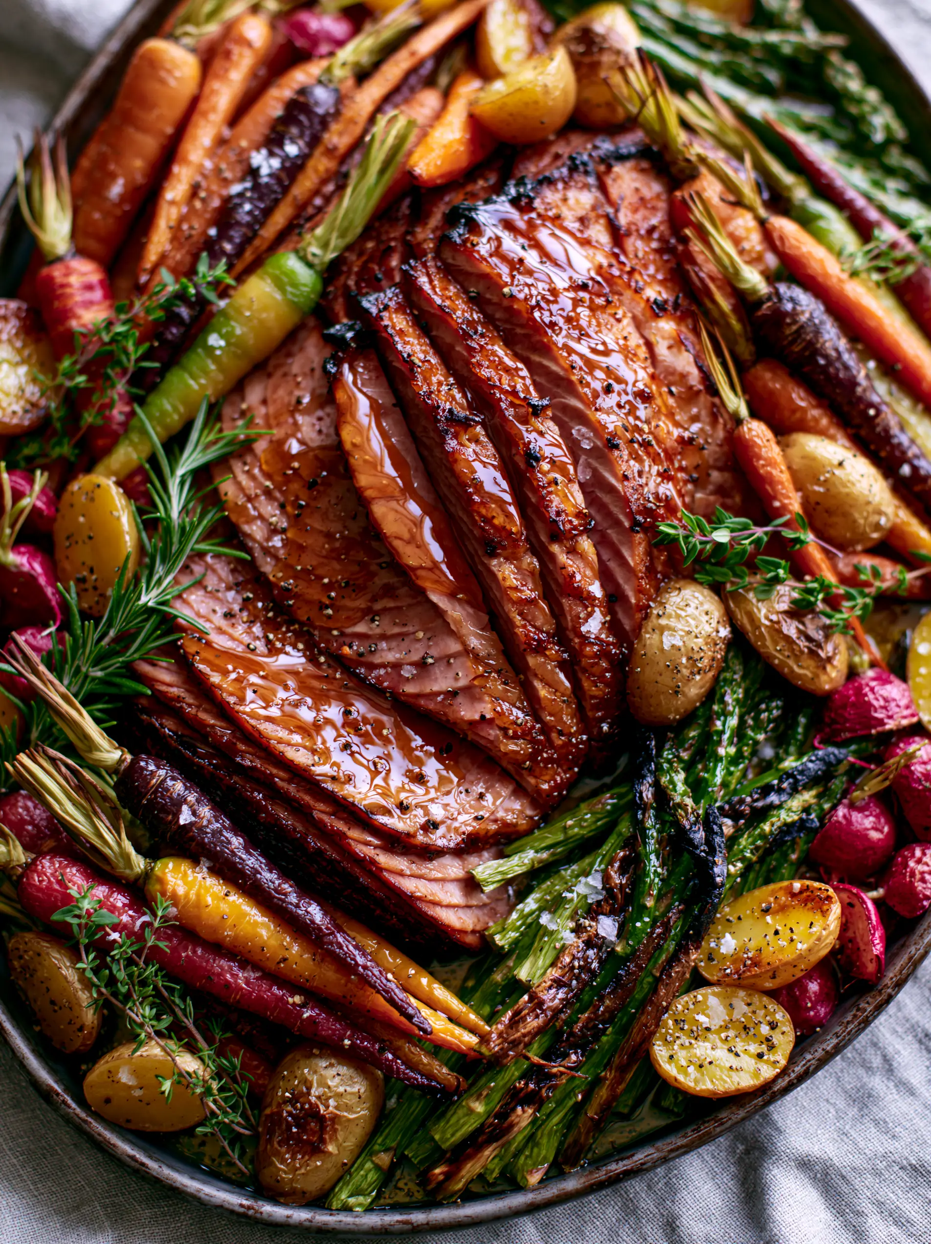 Close-up of succulent spiral-cut ham with a translucent amber glaze and charred edges on a sheet pan Easter dinner.