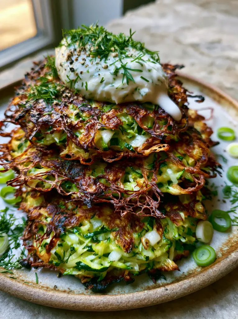 A side-angle handheld photo of zucchini fritters on a ceramic plate with garlic-herb sauce dripping down.