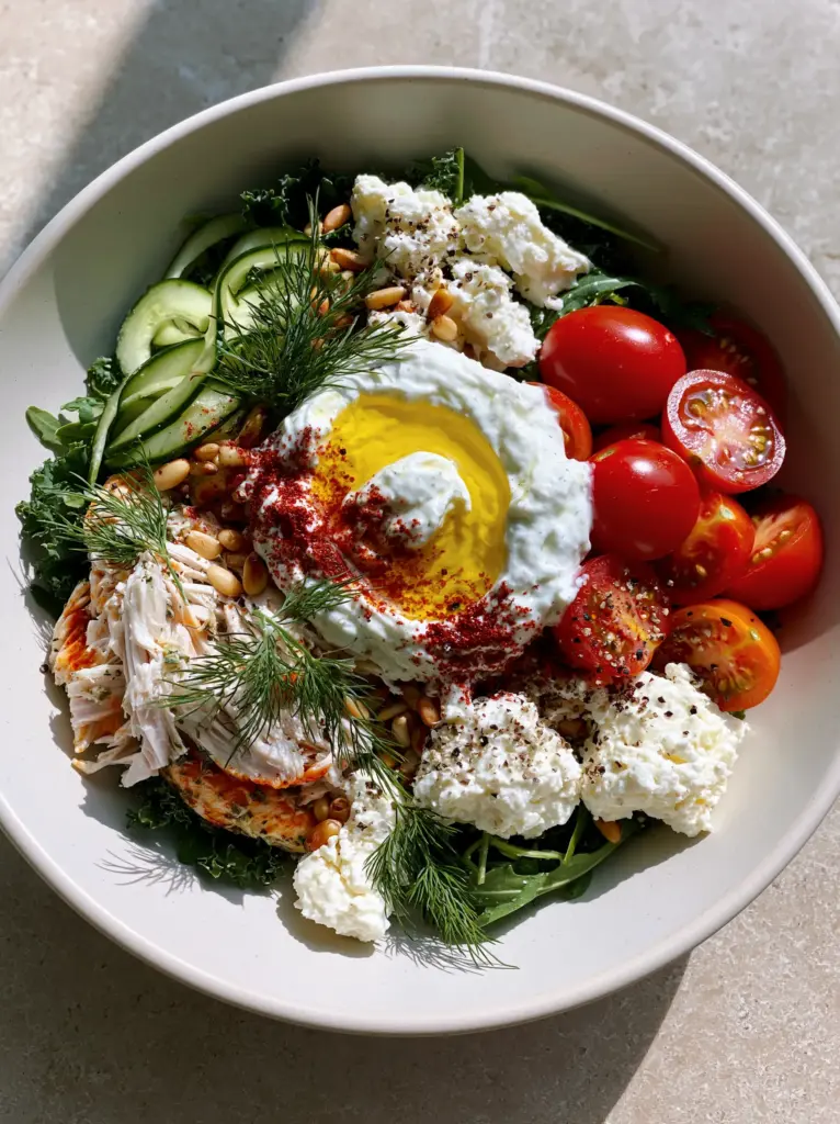 Close-up of creamy tzatziki sauce with a golden olive oil swirl and crimson sumac dusting on a chicken bowl.