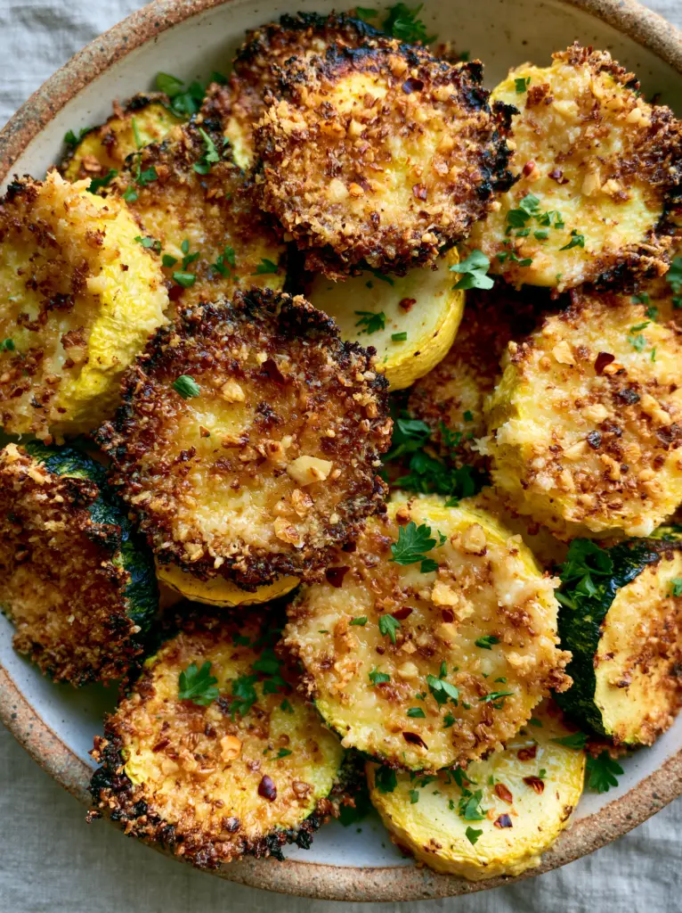 Top-down macro photography showing the crispy texture of the garlic parmesan zucchini and squash medley on a ceramic plate.
