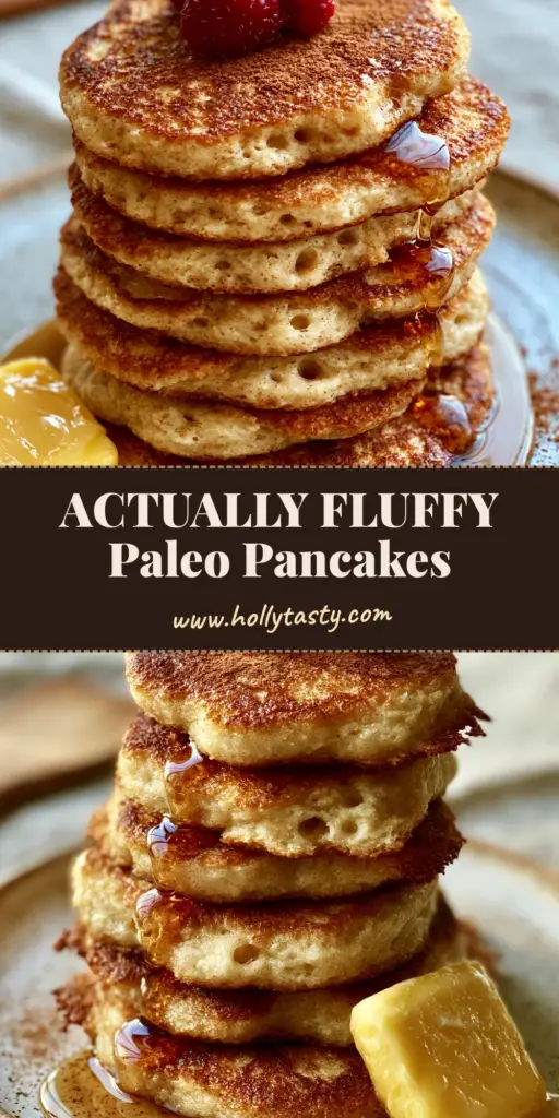 A tall stack of five golden-brown Paleo pancakes on a speckled plate with raspberries and maple syrup.