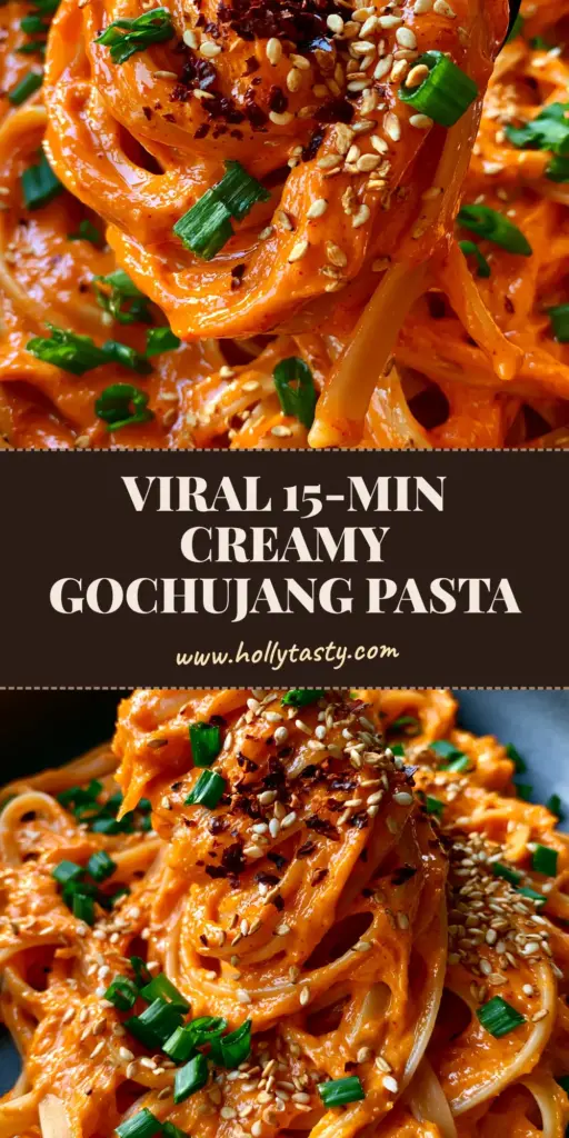 A close-up shot of Gochujang Pasta with vibrant orange sauce and green scallion garnish.