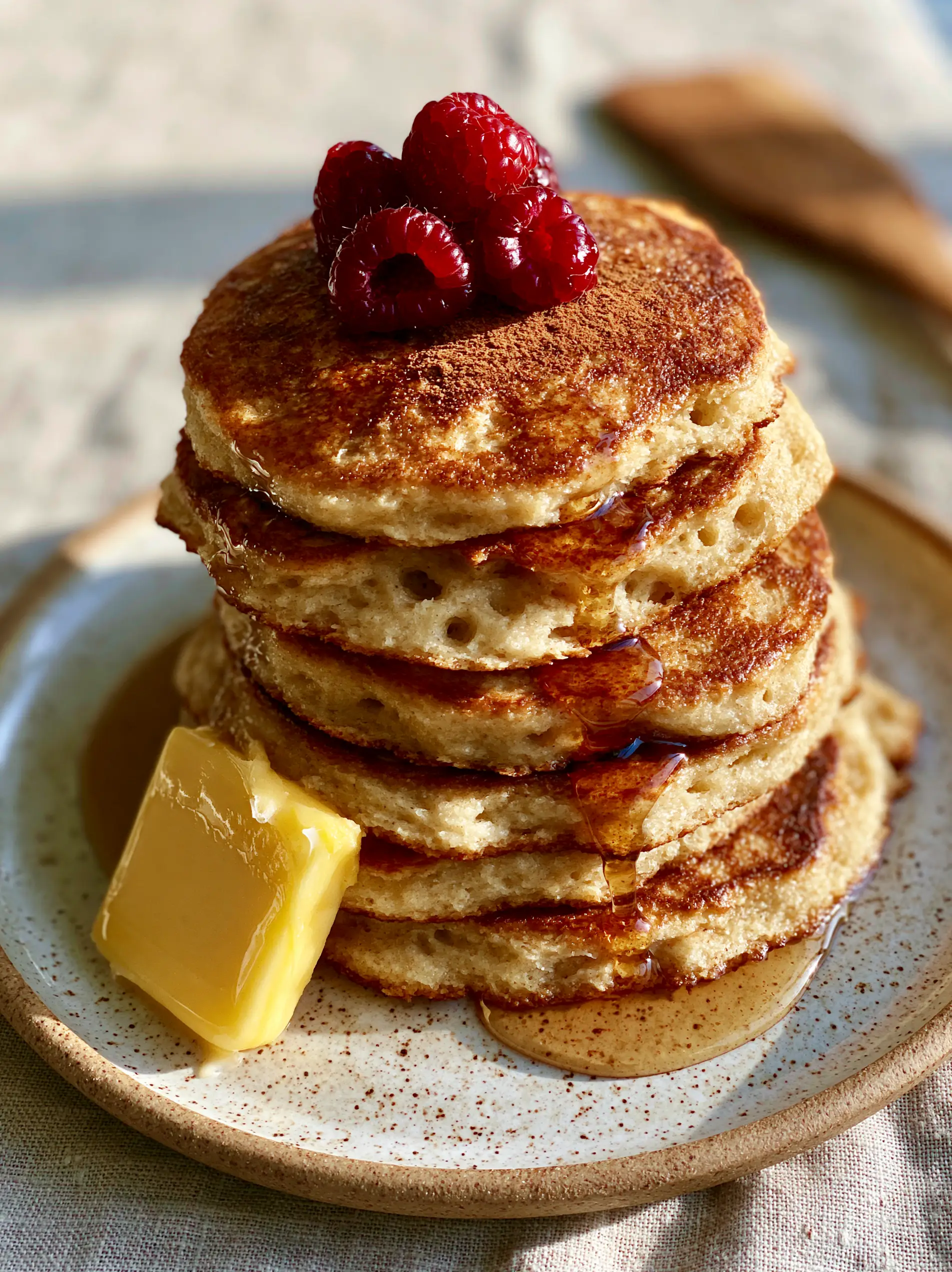 Close up of Paleo pancakes showing internal airy pores and golden ragged edges.