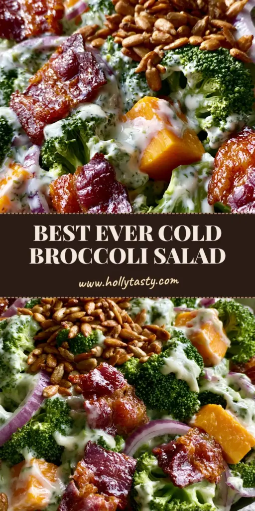 A large white bowl filled with vibrant cold broccoli salad featuring raw green florets, orange cheddar cubes, and crispy bacon chunks.